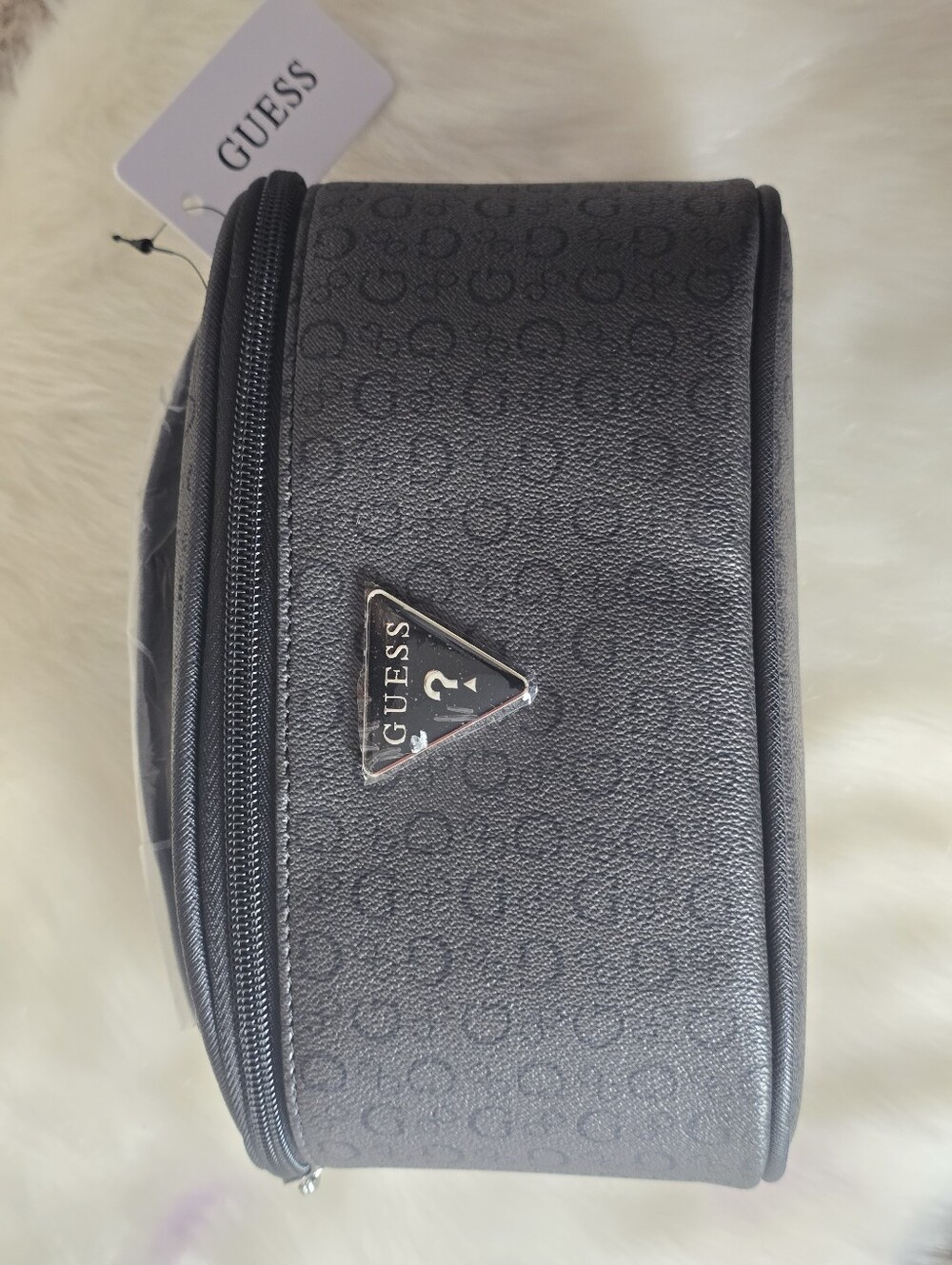 GUESS Logo Zip Makeup Bag Case w/ Top Handle, Black & Gray Logo Print - Picture 6 of 10